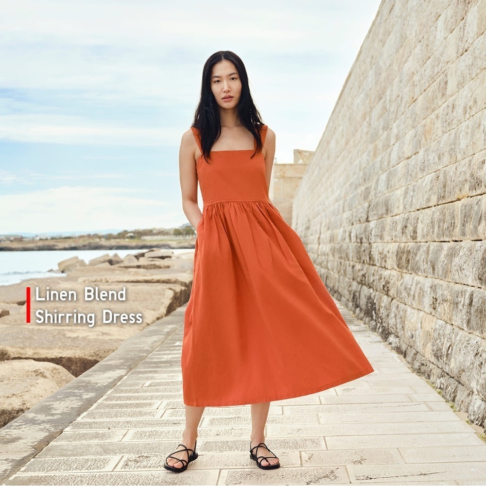 NWOT - Uniqlo Linen Blend Sleeveless Shirring Dress in Orange - Size L